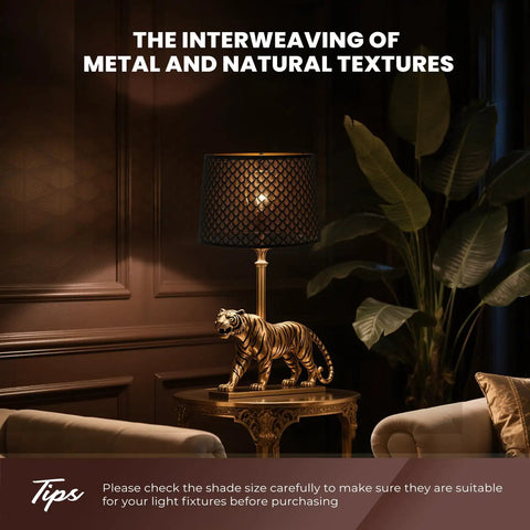 Two Pack Drum Burlap Lampshades Natural Linen Finish for Table or Floor Lamps with a tiger sculpture base, cozy home vibe.