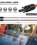 Outdoor Solar Panel Extension Cable 20 Feet Total With Red And Black 10 AWG (6 Mm²) Leads UV resistant shown on rooftop solar panel setup.