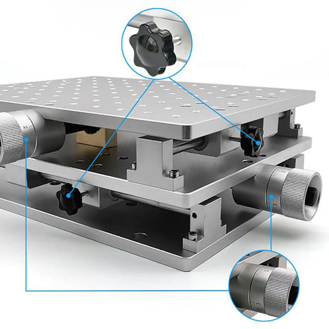 Close-up of Slick Aluminum Top Tier Heavy Duty Xy Axis Moving Stage With Hella Smooth Glide Action for precise adjustments.