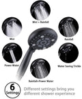 High Pressure Handheld Shower Head With 6 Spray Settings Detachable Design 4.9 Inch Face showing different spray options