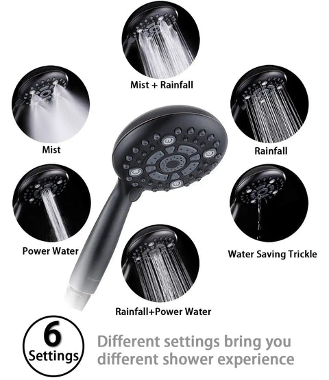 High Pressure Handheld Shower Head With 6 Spray Settings Detachable Design 4.9 Inch Face showing different spray options
