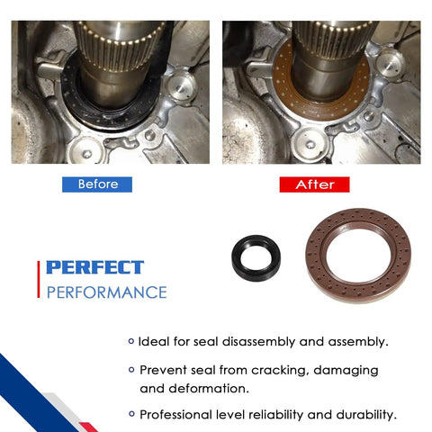 Pro Grade Dual Clutch Transmission Seal Installer And Remover Tool Kit For Ford DCT DPS6 Focus Festiva DIY Auto Repair Easy Fit And Durable Comprehensive Set showing seal installation before and after with performance benefits.