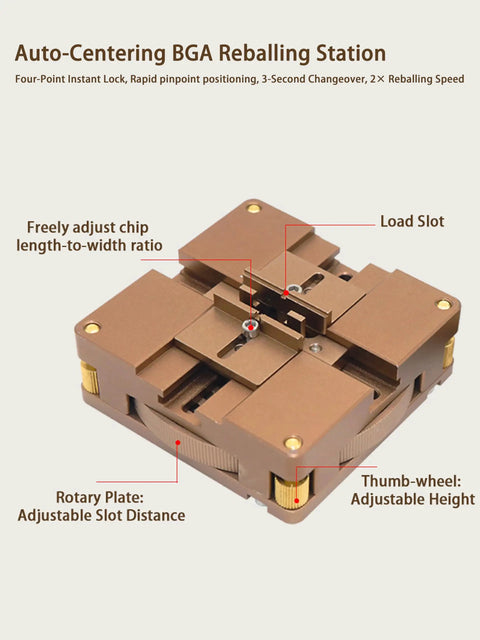 Auto Centering BGA Reballing Station Pro Kit With Aluminum Build, Tool Free 4 Corner Stencil Lock And Height Adjustable Swivel Corners, Auto Fixing Solder Rework System, Includes 3 Random Stencils For Fast, Precise Reballing. aluminum BGA reballing station with adjustable height and load slot