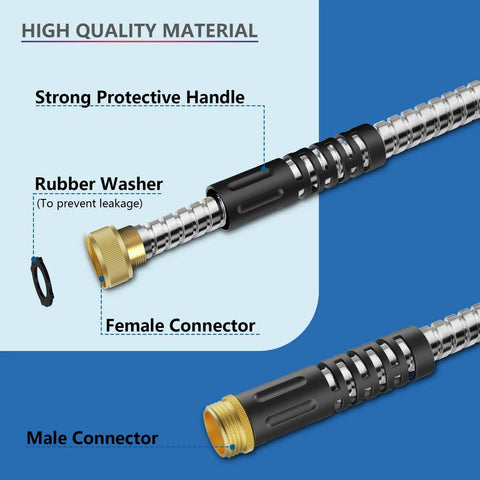 Stainless Steel Garden Hose Extension 3ft Short Hose With Female To Male Fittings shown with connectors and rubber washer.