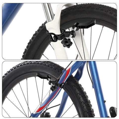 Portable Bicycle Wheel Truing Stand Kit With Spoke Wrench Front Wheel Probe And Rubber Ring For MTB And Road Bike Maintenance Beat Wobble Precision Alignment And Stable Repairs Durable ABS And Stainless Steel Build in use on front bicycle wheel for alignment.