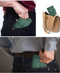 Green Passport Holder With Rfid Blocking And Multiple Card Slots For Smooth Airport Flow and Leisure Travel Adventures shown in a pocket and handbag.