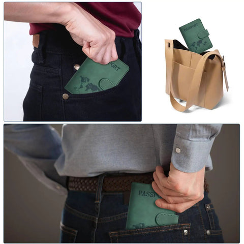 Green Passport Holder With Rfid Blocking And Multiple Card Slots For Smooth Airport Flow and Leisure Travel Adventures shown in a pocket and handbag.