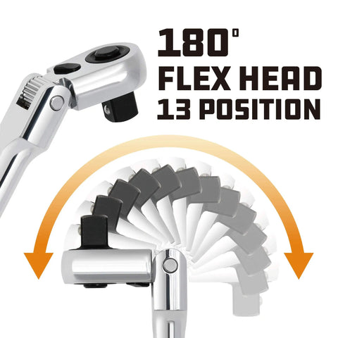Long Reach Flex Head Ratchet Set With 72-Tooth Drive, 180 Degree Flex Heads, illustrating 13 position swivel head