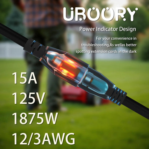Waterproof Outdoor Extension Cord 100 Ft Black 12 3 SJTW Heavy Duty Flexible Copper 3 Prong Extension Cord For Lawn Garage Jobsite And Home Improvement UL Listed, lit indicator
