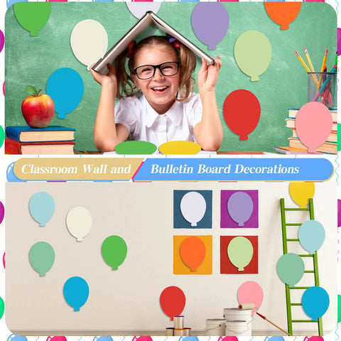 360 Die Cut Paper Balloon Cutouts 3.9 Inch assorted colors on classroom bulletin board with happy child holding book