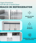 Hella Spacious Three Door Reach In Refrigerator Loaded With Seventy Two Cubic Feet Of Chilling Capacity For Commercial Kitchens with shelves.