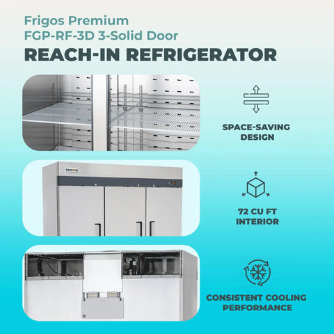 Hella Spacious Three Door Reach In Refrigerator Loaded With Seventy Two Cubic Feet Of Chilling Capacity For Commercial Kitchens with shelves.