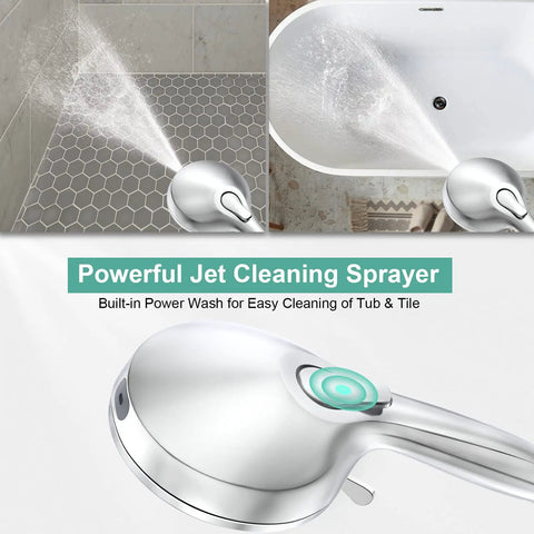 High Pressure Rain Shower Head With Filtered Wand And 8 Spray Modes Plus 71 Inch Extra Long Hose showing powerful jet cleaning