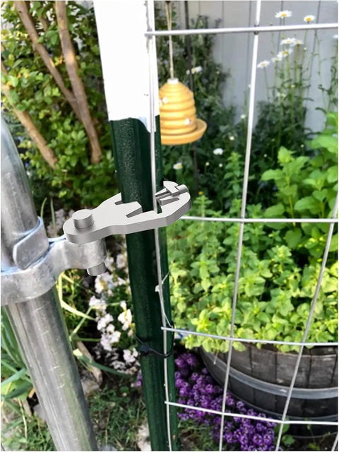 Heavy Duty T Post Gate Hinge Pins Built Tough With Rust Resistant Steel Farm Grade Target Hangers For Fence And Backyard Gates No Hassle Prep Comes With Every Bolt attached to a green fence post.