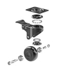 Exploded view of heavy duty caster wheel with brake and screws for assembly, part of set of 4, up to 440 lbs capacity, rubberized silent castors