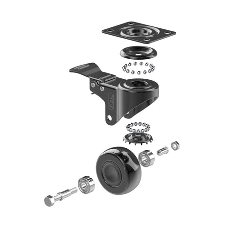 Exploded view of heavy duty caster wheel with brake and screws for assembly, part of set of 4, up to 440 lbs capacity, rubberized silent castors