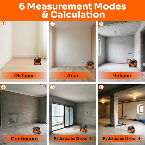 2-In-1 Laser Tape Measure With 197 Ft Laser Range And 16 Ft Manual Tape, Magnetic Hook, Pythagorean, Area And Volume Calculator, Digital Measuring Tool For Woodworking And DIY Projects showing 6 modes