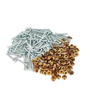 100Pcs Stainless Steel 3 16 Inch Medium Flange Collar Rivet Kit For Peterbilt 379 Huck Bolt Systems Direct Replacement For OEM MGP98T R6 10G MGCS R6U Beefy Heavy Duty Truck Upgrade, showing zinc-plated bolts and brass collars.