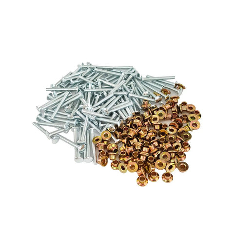 100Pcs Stainless Steel 3 16 Inch Medium Flange Collar Rivet Kit For Peterbilt 379 Huck Bolt Systems Direct Replacement For OEM MGP98T R6 10G MGCS R6U Beefy Heavy Duty Truck Upgrade, showing zinc-plated bolts and brass collars.