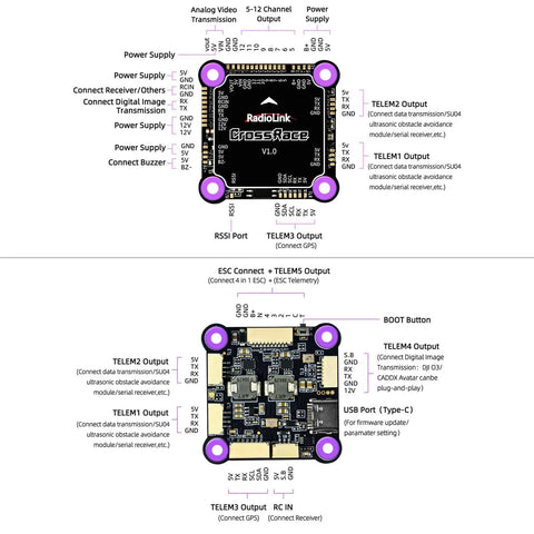 CrossRace APM Flight Controller Stack With Integrated OSD And DJI HD VTX Support, top and bottom view with port labels