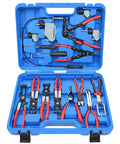Sixteen Piece Hose Clamp Pliers Set for Automotive Repair in blue case with flexible long plier, angled flat band, swivel jaw, and clic R collar pliers visible for easy removal and installation on radiator hoses, coolant lines, and fuel lines