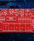DIY Crystal Oscillator Frequency Counter Tester Kit 1Hz to 50MHz circuit board with red display components on a digital background.