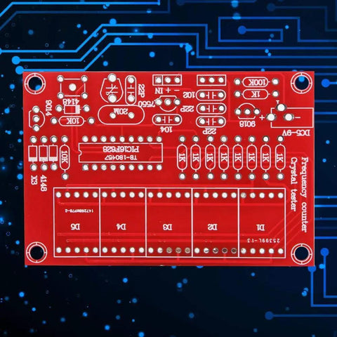 DIY Crystal Oscillator Frequency Counter Tester Kit 1Hz to 50MHz circuit board with red display components on a digital background.
