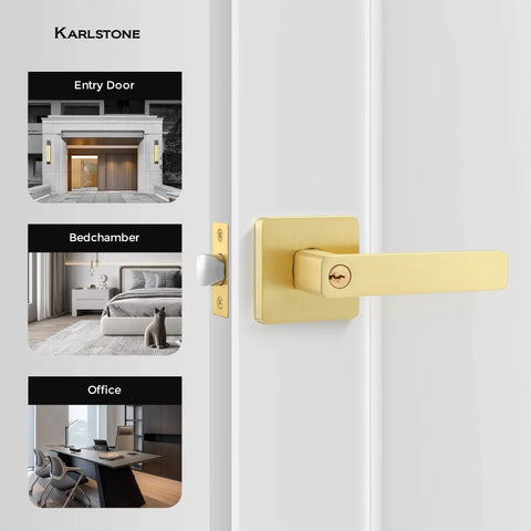 Six Pack Gold Door Knobs With Modern Curved Corner Design For Rooms Requiring A Key To Open Keyed Alike Entry Levers on a white door