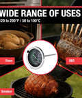 Glow Dial Ovenproof Meat Thermometer For Oven Roasting And BBQ, 2 Inch Easy Read Dial, Waterproof And Recalibratable, Perfect For Poultry Beef Pork And Grilling, ProAccurate Style Kitchen Thermometer shown with oven, BBQ and smoker uses