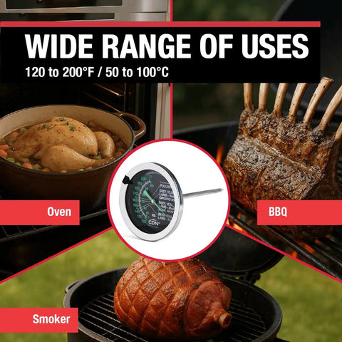 Glow Dial Ovenproof Meat Thermometer For Oven Roasting And BBQ, 2 Inch Easy Read Dial, Waterproof And Recalibratable, Perfect For Poultry Beef Pork And Grilling, ProAccurate Style Kitchen Thermometer shown with oven, BBQ and smoker uses