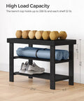 Sturdy Bamboo Shoe Bench With 3 Tier Storage For Entryway Or Bedroom Holds Up To 286 Lb And Keeps Shoes Neatly Tucked On Wide Shelves With A Top Panel For Bags Or Essentials Ink Black with weights and yoga mat