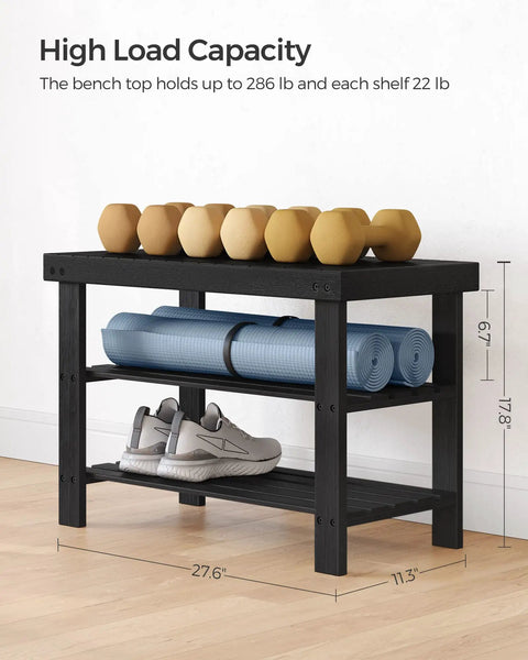 Sturdy Bamboo Shoe Bench With 3 Tier Storage For Entryway Or Bedroom Holds Up To 286 Lb And Keeps Shoes Neatly Tucked On Wide Shelves With A Top Panel For Bags Or Essentials Ink Black with weights and yoga mat