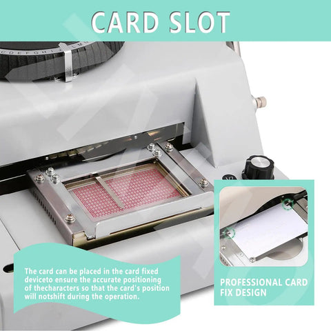 Heavy Duty PVC Card Embosser With 72 ISO Standard Characters Professional Credit Card And Vip Id Personalizer showing card slot design.
