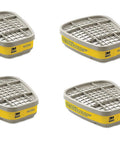 Heavy Duty Kickass Organic Vapor And Acid Gas Respirator Cartridges Gray Four Pack Niosh Approved filter kit displayed from various angles.