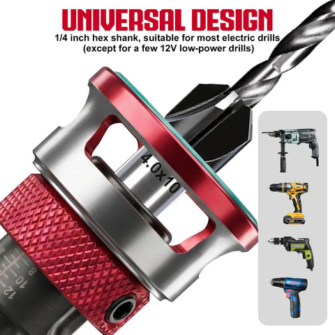 Close-up of Heavy Duty 7 Piece Countersink Drill Bit Set With Adjustable Depth Stop Collar displaying 1/4 inch hex shank design for electric drills.