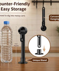 One-Handed Scoop With Funnel For Ground Coffee Protein Powder And Tea, 2 Tbsp Mess Free Pour, Spill Proof Funnel Keeps Spills In Check, Reusable K Cup Refiller Compatible, Black, 1 Pack displayed next to a water bottle on a countertop with details of its convenient hanging and unique stand.