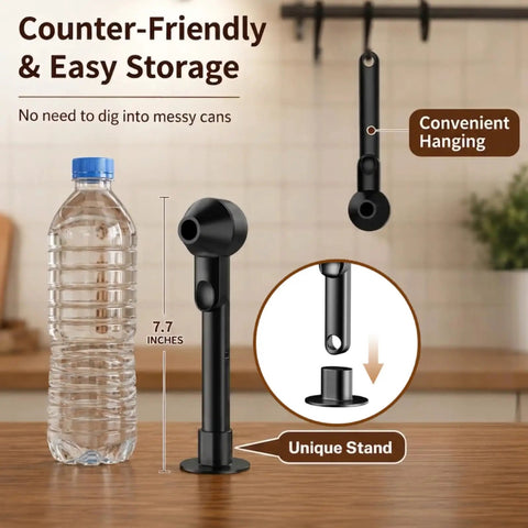 One-Handed Scoop With Funnel For Ground Coffee Protein Powder And Tea, 2 Tbsp Mess Free Pour, Spill Proof Funnel Keeps Spills In Check, Reusable K Cup Refiller Compatible, Black, 1 Pack displayed next to a water bottle on a countertop with details of its convenient hanging and unique stand.