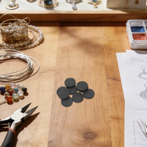 Round Graphite Electrode Plates For Melting And Electrolysis 10 Pieces on a workshop table with jewelry tools