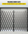 Heavy Duty Double Folding Security Gate Eighty Seven Inches Tall By One Hundred Fifty Inches Wide closed in outdoor space.
