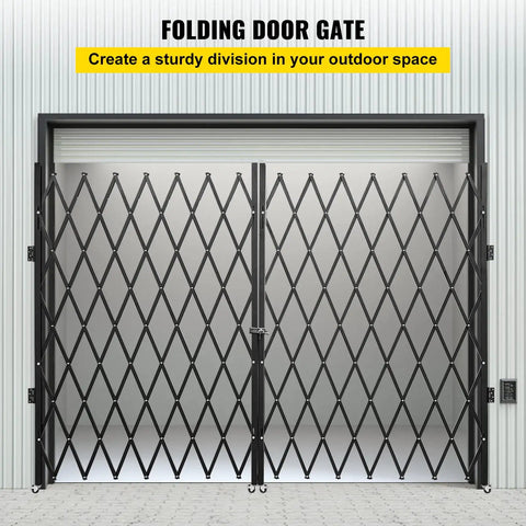 Heavy Duty Double Folding Security Gate Eighty Seven Inches Tall By One Hundred Fifty Inches Wide closed in outdoor space.