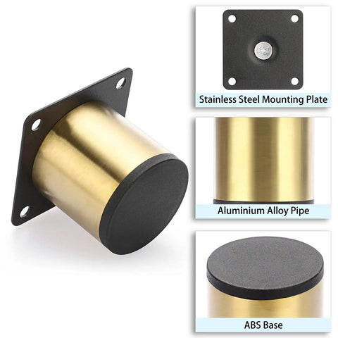 Heavy Duty Gold Stainless Steel Furniture Legs With Mounting Screws For Table Desk And Cabinet, showing gold tube and mounting plate.