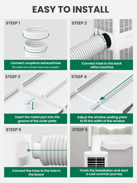 Installation steps for Upgraded Portable Air Conditioner Window Vent Kit With 5.9 Inch Exhaust Hose, slide seal plates, and coupler.