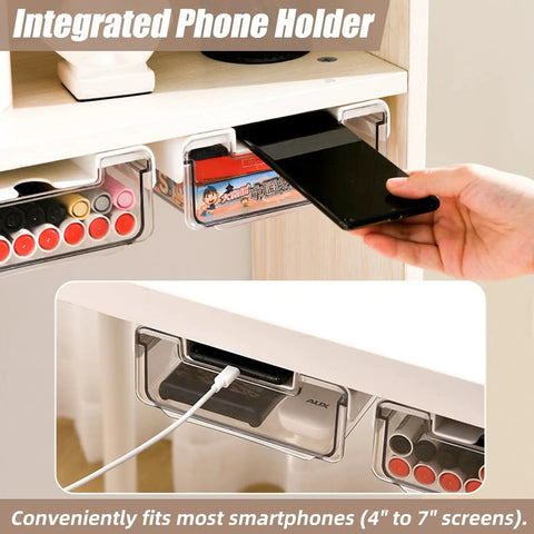 Two Pack Under Desk Storage Drawers With Smooth Slide Out Glides And Pick Either Adhesive Or Screw Mount Setup To Flex Your Workspace Without Breaking A Sweat Keep Clutter Gone For Your Daily Grind Survival with integrated phone holder.