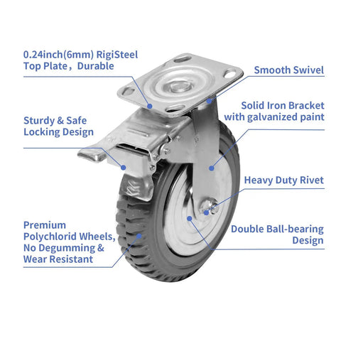 8 Inch Heavy Duty Rubber Caster Wheels Set Of 4 Anti Slip Swivel Casters With 360 Degree Ball Bearing Top Plate with Locking Brakes
