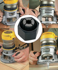 1/4-Inch Collet And Nut Replacement Kit Two Pack for power tools, 6.35mm shank, durable steel shown with Bosch, Hitachi, DeWalt tools.