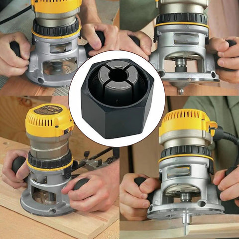 1/4-Inch Collet And Nut Replacement Kit Two Pack for power tools, 6.35mm shank, durable steel shown with Bosch, Hitachi, DeWalt tools.