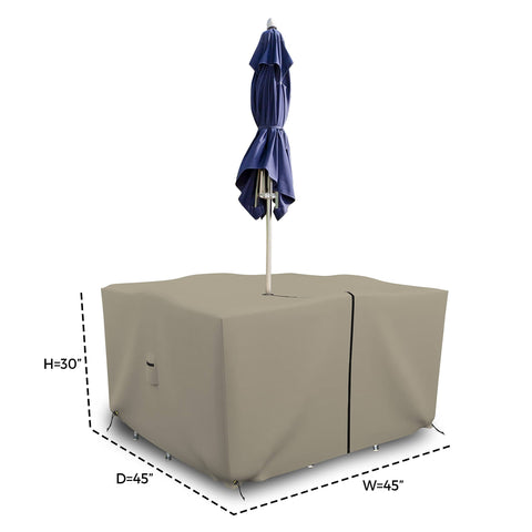 Heavy Duty Square Table And Chair Set Cover With Umbrella Hole, 12 Oz Waterproof PVC Coated Polyester, 45x45x30 Inch, Beige