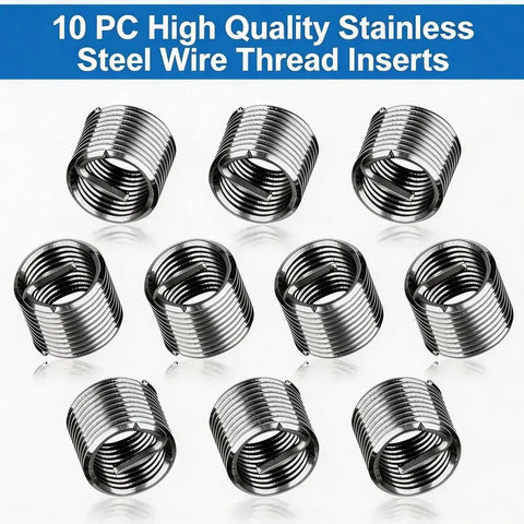10 piece stainless steel wire inserts from M14 X 1.5 Thread Repair Kit With Helicoil Inserts And HSS Drill Bit, for repairing metal threads.
