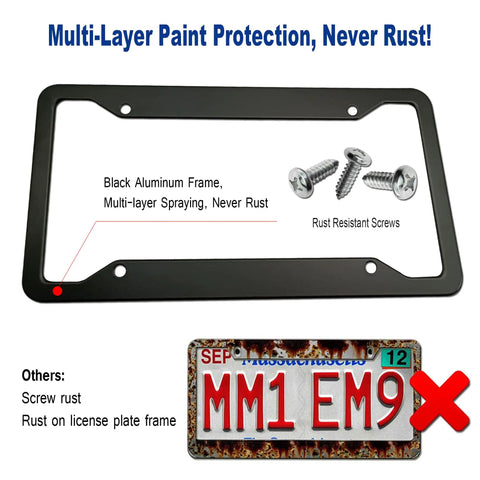 Matte Black Aluminum License Plate Frames 2 Pack Heavy Duty Car Tag Covers For Front And Rear 4 Hole Rust Proof Frame with Screws