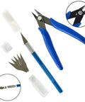 All In One Handy Hobby Model Building Tools Kit with pliers, precision knife, replacement blades, plastic cases for beginners.